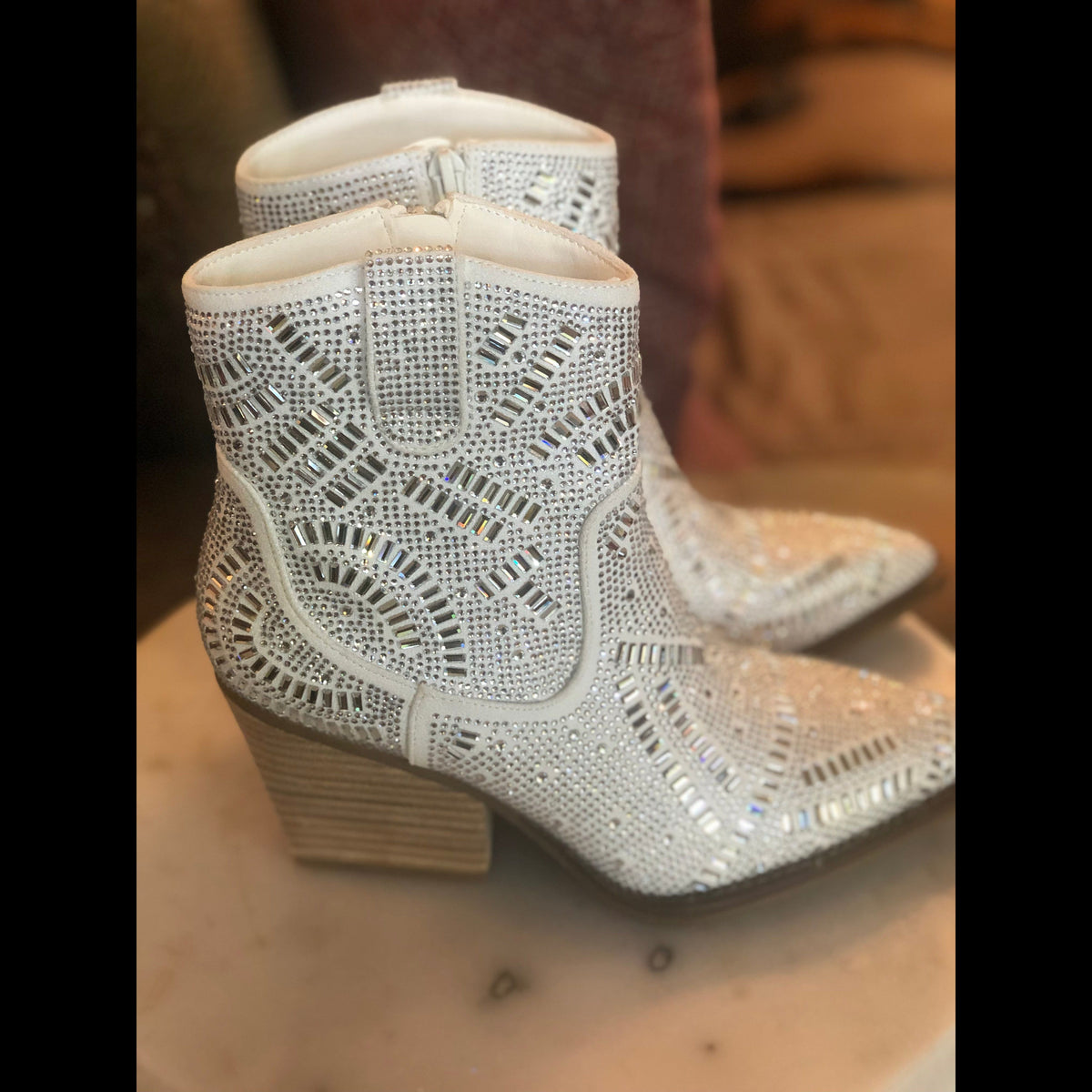 Very G Brand Maze Rhinestone Cowgirl Silver Boot with Stacked Heel