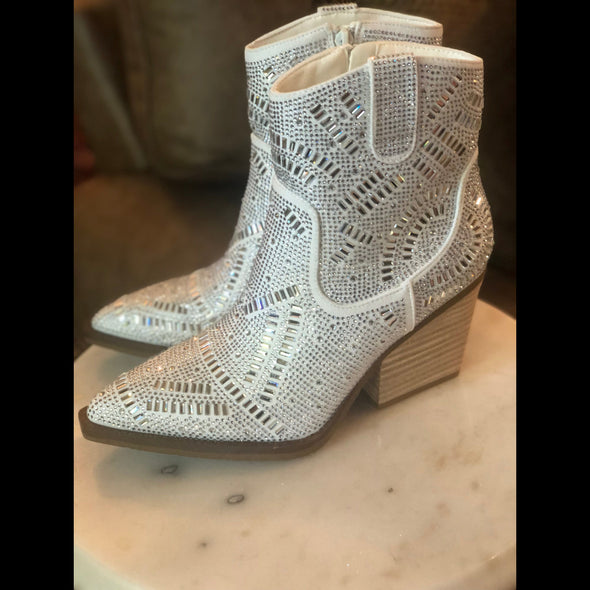 Very G Brand Maze Rhinestone Cowgirl Silver Boot with Stacked Heel