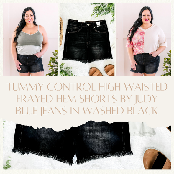 Short Story Tummy Control High Waisted Frayed Hem Shorts By Judy Blue Jeans In Washed Black