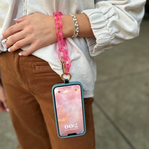 Clip & Go Crossbody Ice Chain Phone Accessory : Hot Pink Chain with Hot Pink Pouch