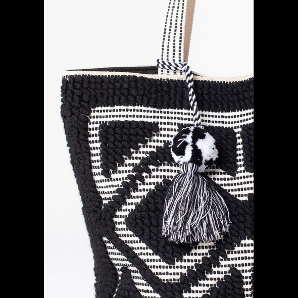 Boho Diamond Pattern Vacay Tote in Black and White