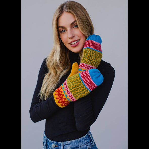 Nordic Day Blue, Mustard & Red Patterned Knit Mittens