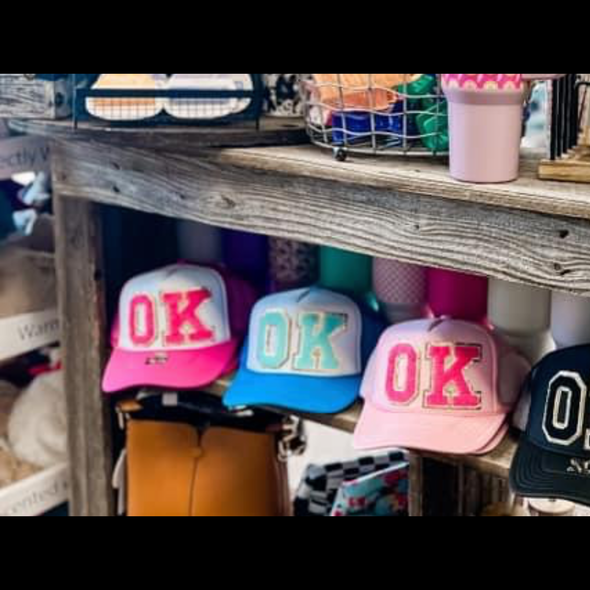 OK State Glitter Trucker Hat in Hot Pink/White