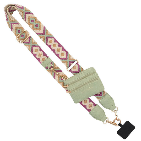 Clip & Go Crossbody Cell Phone Strap w/Zippered Pouch: Green/Purple Pattern