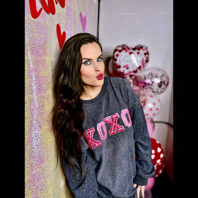 XOXO Chenille Patch Corded Long Sleeve Crew in Charcoal