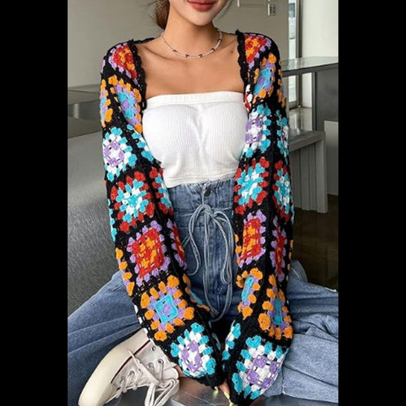 Retro Threads Multi Color Crochet Cropped Cardi