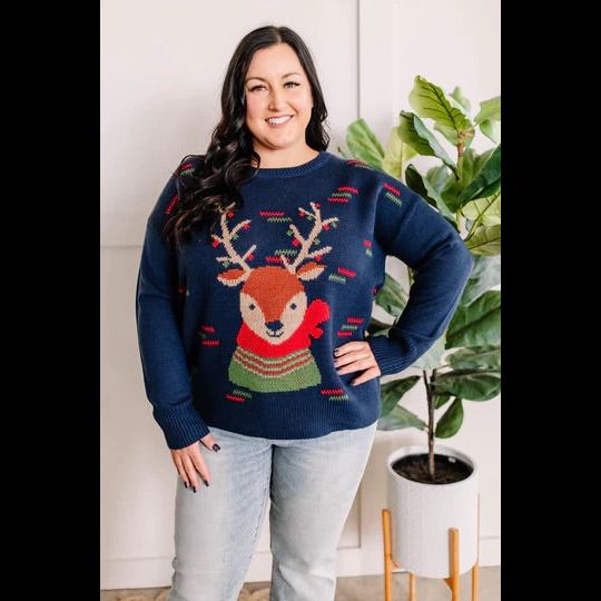 Oh Deer Crew Neck Reindeer Sweater In Navy