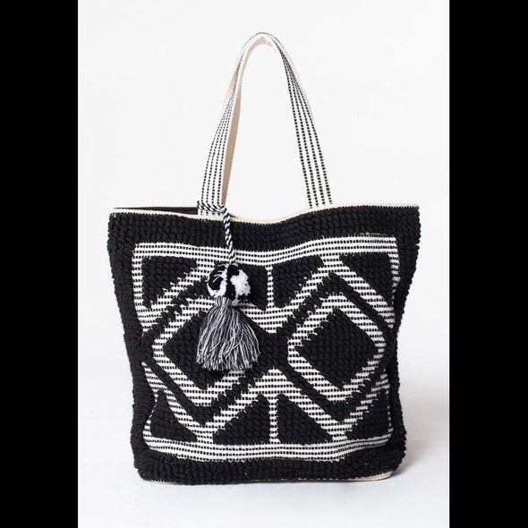 Boho Diamond Pattern Vacay Tote in Black and White