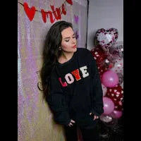 LOVE Chenille Patch Corded Long Sleeve Crew in Black