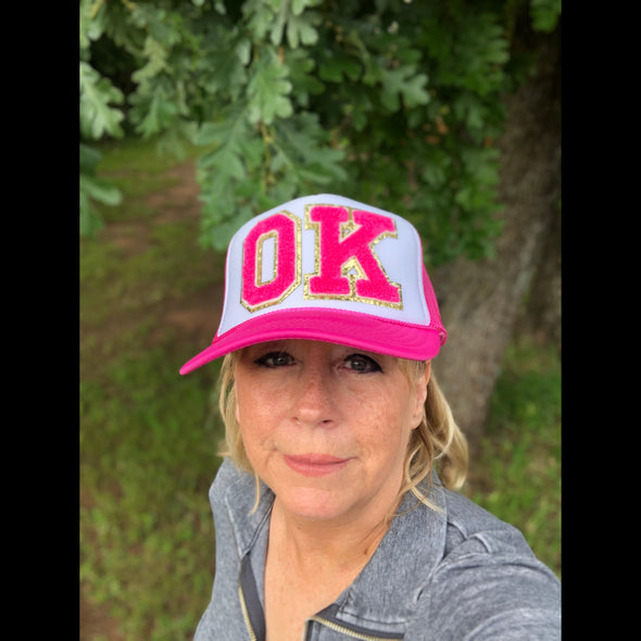 OK State Glitter Trucker Hat in Hot Pink/White