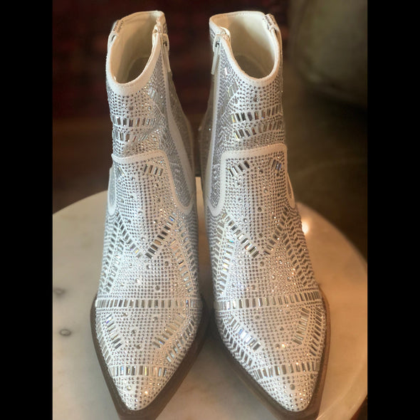 Very G Brand Maze Rhinestone Cowgirl Silver Boot with Stacked Heel