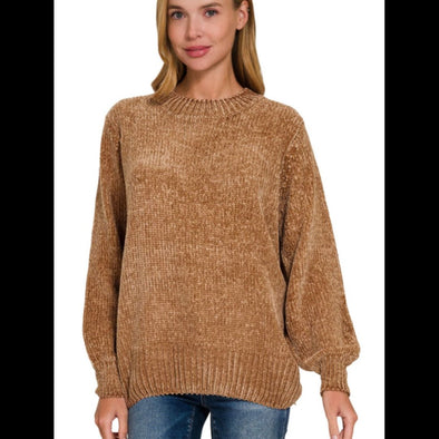 Date Night Chenille Crew Neck Sweater in Camel