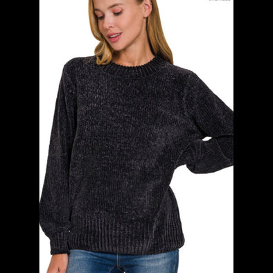 Date Night Chenille Crew Neck Sweater in Black