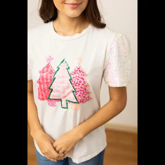 FESTIVE FOREST WHITE TEE WITH SEQUIN VELVET SLEEVES