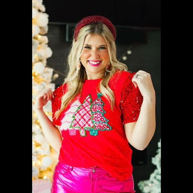 FESTIVE FOREST ON RED T-SHIRT WITH SEQUIN VELVET SLEEVES