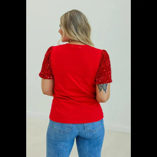 FESTIVE FOREST ON RED T-SHIRT WITH SEQUIN VELVET SLEEVES