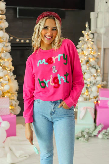 MERRY & BRIGHT LONG SLEEVE TEE IN HOT PINK