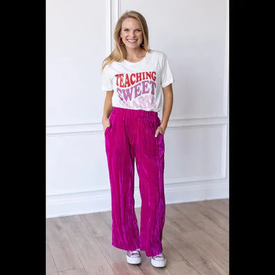 RASPBERRY RENDEZVOUS VELVET WIDE LEG PANTS