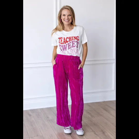 CUE THE FESTIVE RASPBERRY RENDEZVOUS VELVET WIDE LEG PANTS