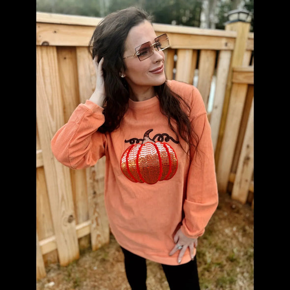 Sequin Greatest Pumpkin Corded Crew Sweater in Harvest