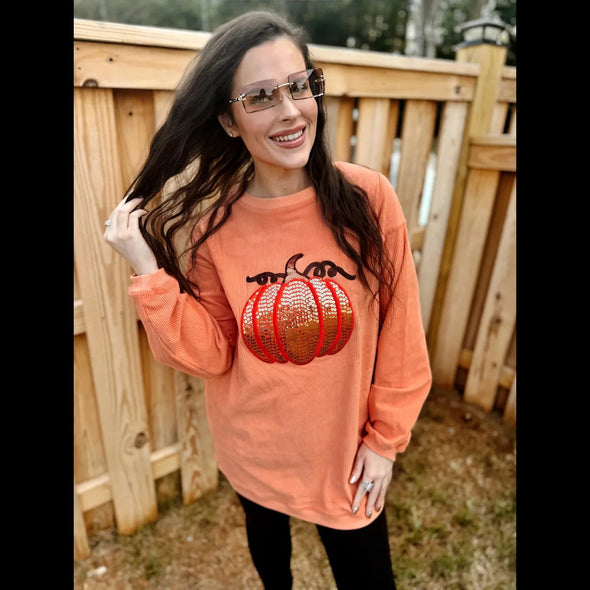 Sequin Greatest Pumpkin Corded Crew Sweater in Harvest