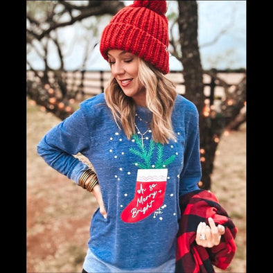 Oh So Merry and Bright Stocking French Terry Top in Heather Blue