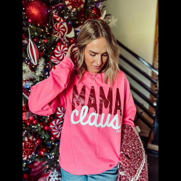 Mama Claus Glitter Fleece Sweatie in Bright Holiday Pink