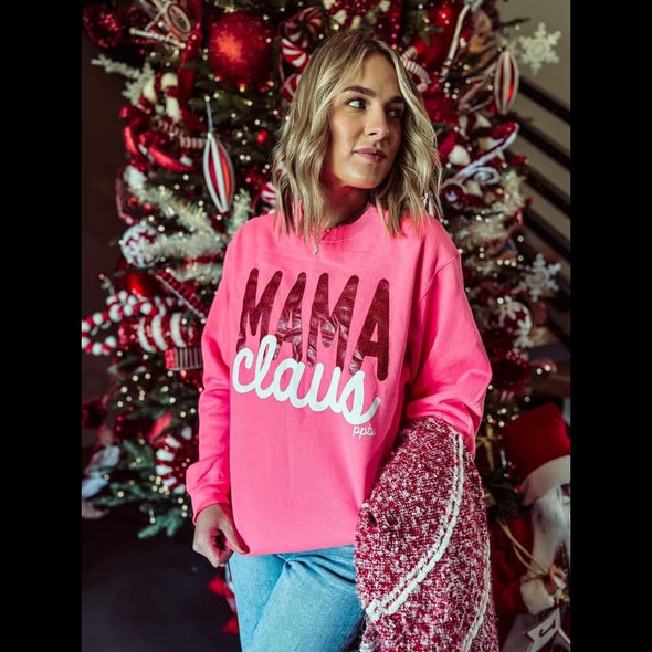 Mama Claus Glitter Fleece Sweatie in Bright Holiday Pink