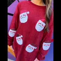 Sequin Santa Corded Crew in Christmas Red