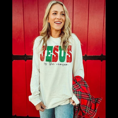 Jesus is the Reason Long Sleeve Glitter Graphic Tee