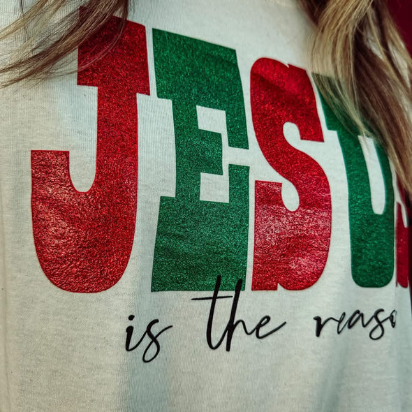 Jesus is the Reason Long Sleeve Glitter Graphic Tee