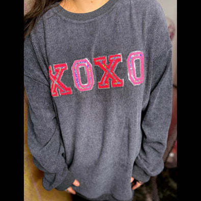 XOXO Sequin Chenille Letter Corded Crew in Charcoal