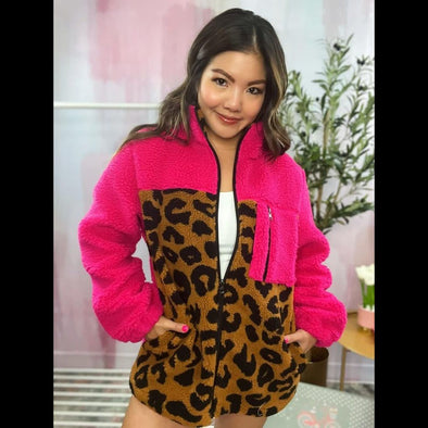 Courtney Sherpa Zip Up Jacket in Hot Pink/Leopard