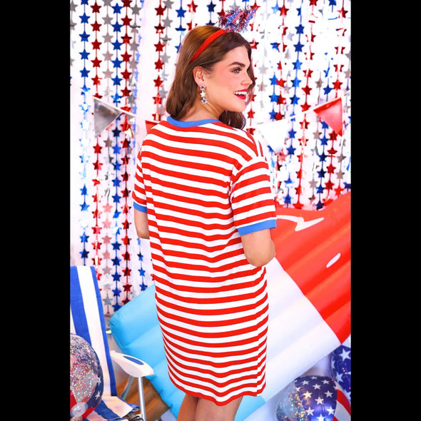 Living in Stripes Crew Neck Tee Shirt Dress Red/Blue