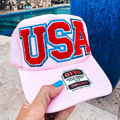 USA Chenille Letter Trucker Cap in Pink