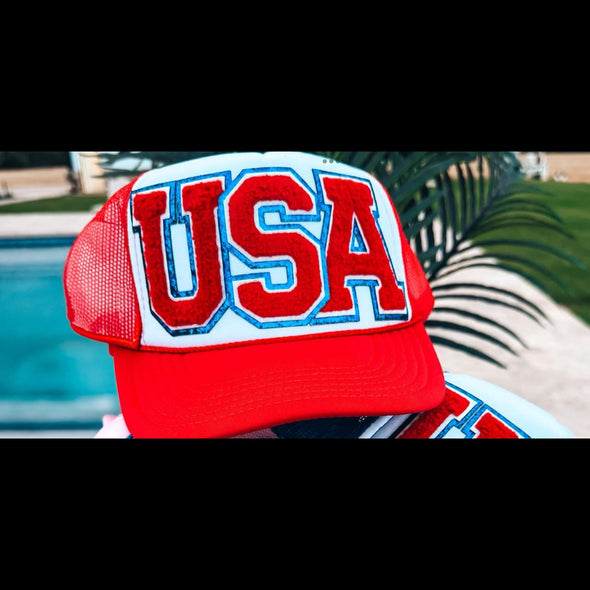 USA Chenille Letter Trucker Cap in Red