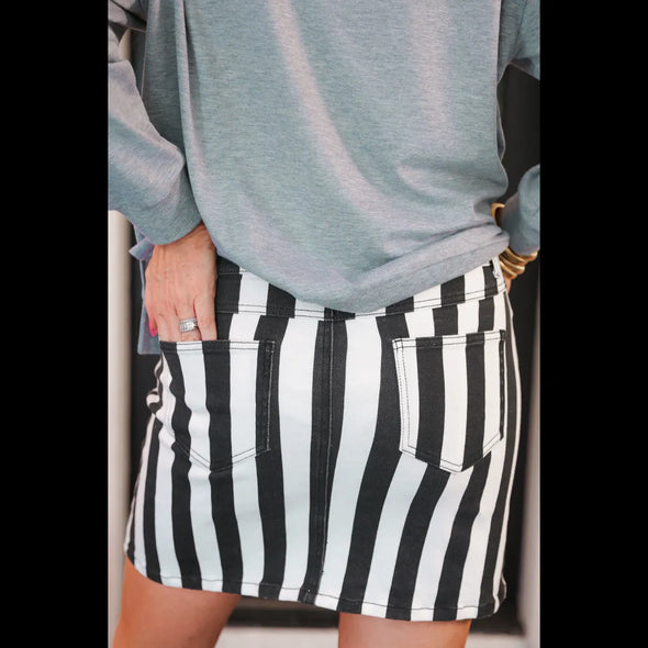 Nova Denim Skirt in Black/White Stripes