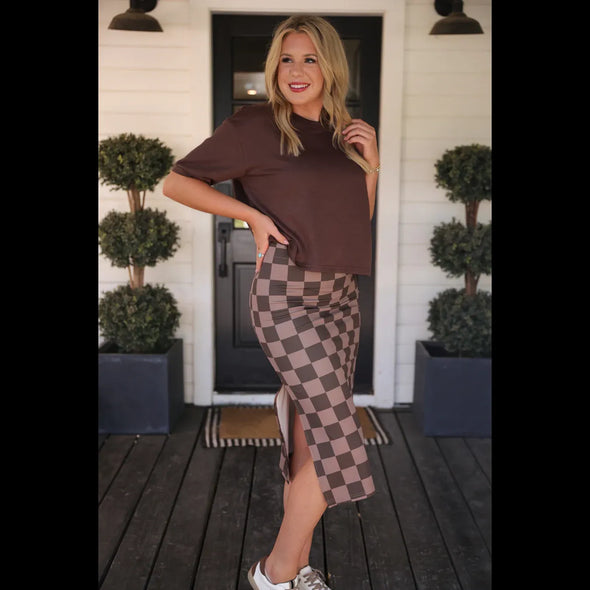 Chocolate Checkered Midi Skirt