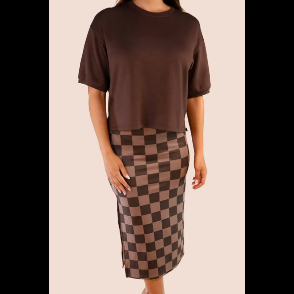 Chocolate Checkered Midi Skirt