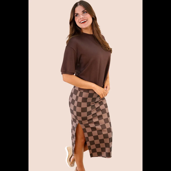 Chocolate Checkered Midi Skirt