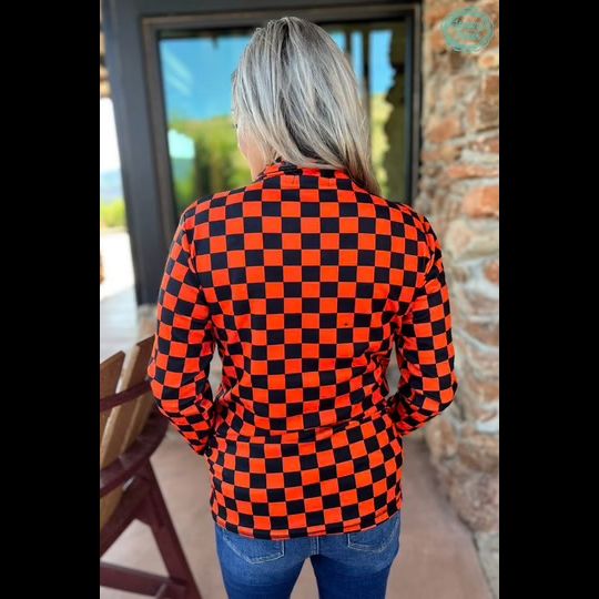 Pep Rally Pullover in Orange and Black Check