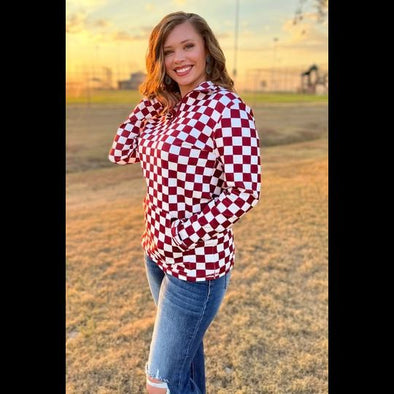 Pep Rally Pullover in Crimson & White Check
