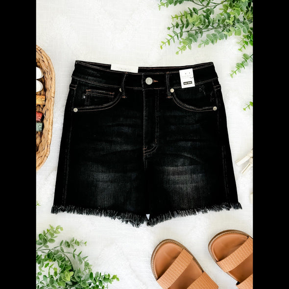 Short Story Tummy Control High Waisted Frayed Hem Shorts By Judy Blue Jeans In Washed Black