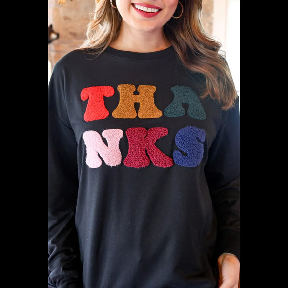 Thanks Chenille Letter Luxe Pullover
