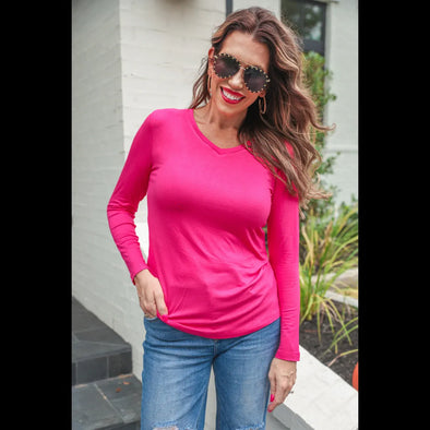 Brittany Basic Long Sleeve Tee in Hot Pink