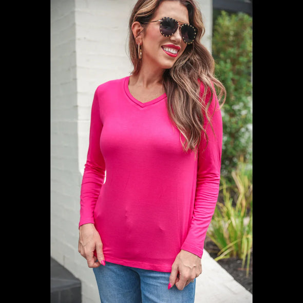 Brittany Basic Long Sleeve Tee in Hot Pink