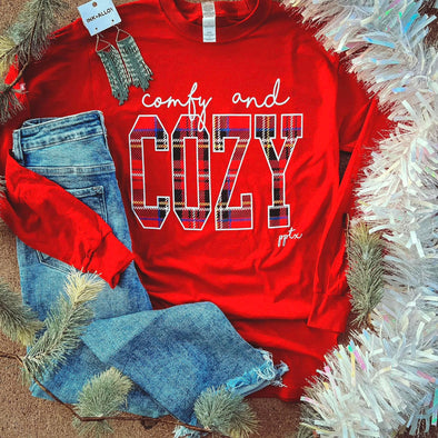 Comfy and Cozy L/S Graphic Tee in Holly Red