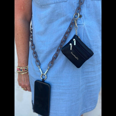 Clip & Go Crossbody Ice Chain Phone Accessory : Smoke Black Chain with Black Pouch