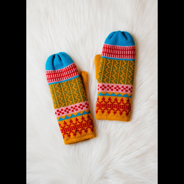 Nordic Day Blue, Mustard & Red Patterned Knit Mittens