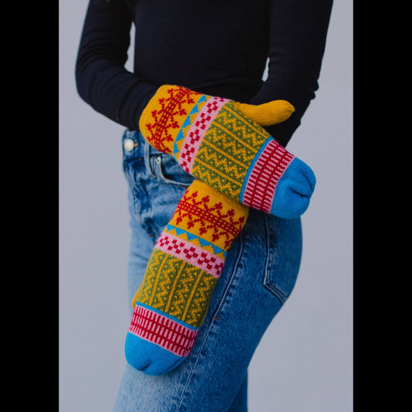 Nordic Day Blue, Mustard & Red Patterned Knit Mittens